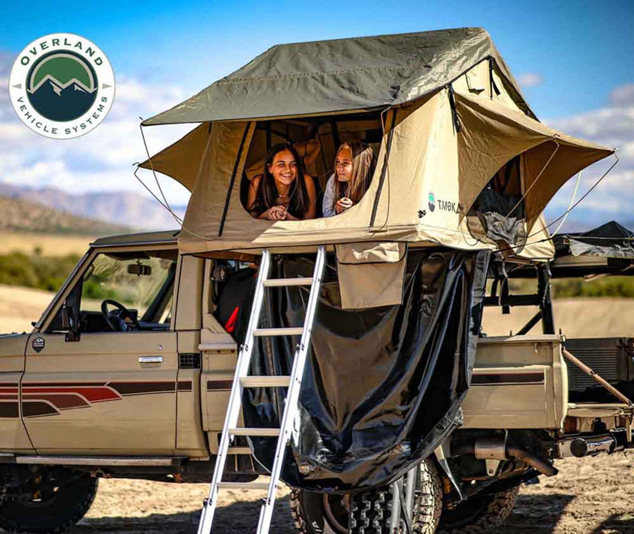 LD TMBK 3 Roof Top Tent With Annex - Tan Base With Green Rain Fly, Black Aluminum Base, Black Ladder OVS