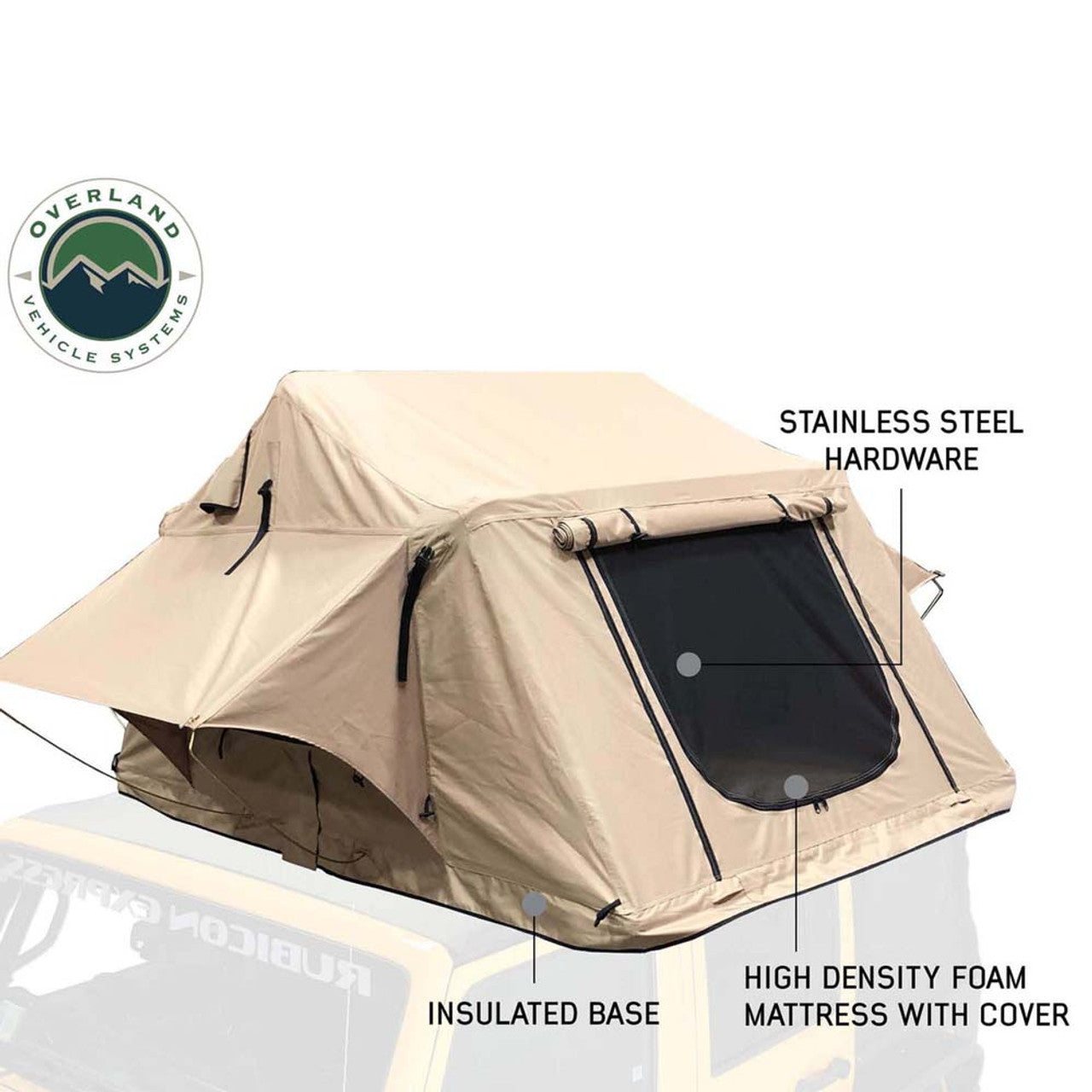 LD TMBK 3 Roof Top Tent With Annex - Tan Base With Green Rain Fly, Black Aluminum Base, Black Ladder OVS